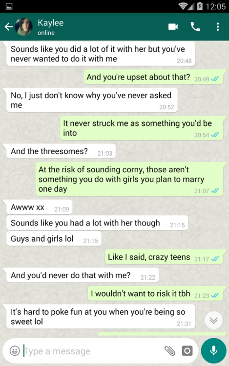 naughtypeopletexts:GF chats with her BF’s ex, comes out of her shell.