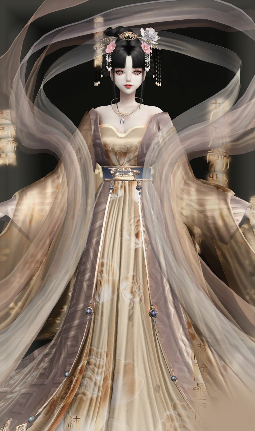 A god sim in sims 4 clad with a beautiful long gown and back veil depicted in gold. 