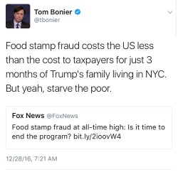 thefingerfuckingfemalefury: weavemama: Fox News should feel ashamed for asking such a stupid question Donald Trump literally stole money from children with cancer but sure, let’s act like poor people on foodstamps are the worst criminals EVER  