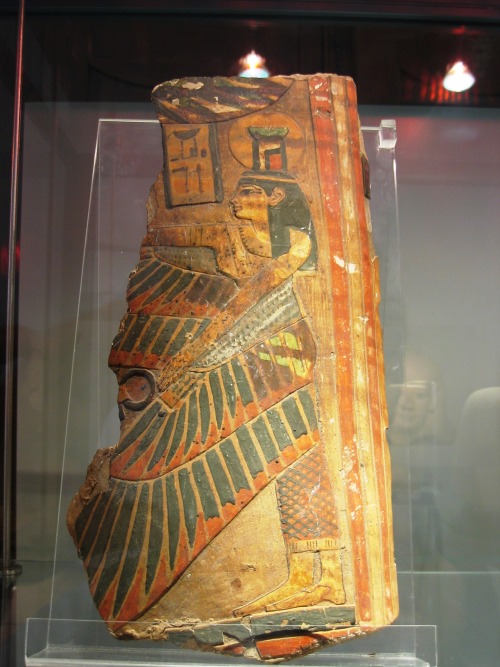 dwellerinthelibrary:The goddess Nephthys on a fragment from a Twenty-First Dynasty coffin.