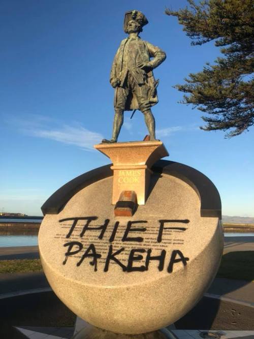 On the 10th of July 2019, the James Cook statue in Gisborne, New Zealand was vandalised with the wor