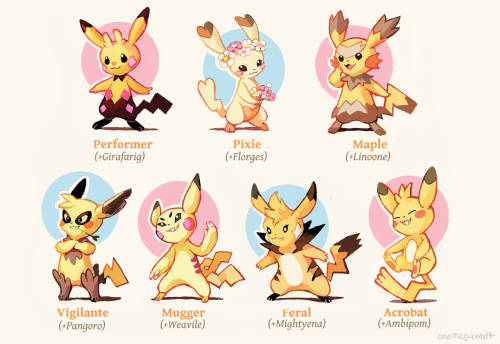 Pikachu crossbreeds I did for my zine awhile back, which is available for purchase here! http://onem