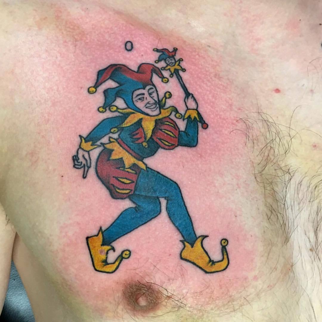 ROODBAARD tattoos and artwork on Tumblr: Jester on David's chest done  @playersclubtattoomaastricht #maastricht - - - #traditionaltattoo  #traditional #tattoo...