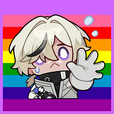 A chibi-style image of the character Arlan from the video game Honkai Star Rail overlaid atop the nine-stripe Gilbert Baker pride flag, with a lavender border.