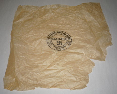 A fruit wrapper from Mahalia Growers, located in Riverside, California. I suspect this is late 1930s