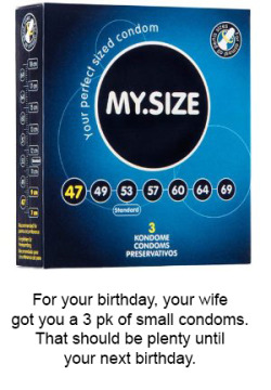 This actually has some truth to it.  My wife recently went onto birth control.  IF I am to fuck my wife, it will be with a condom.  She did give me condoms for my birthday, and as of right now, I am not allowed into her pussy until the end of the year.