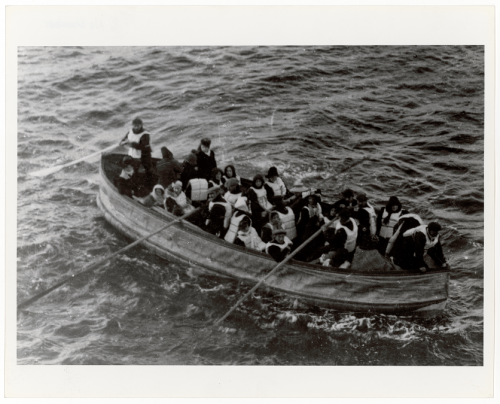 A lifeboat carries survivors of the Titanic disaster, 4/15/1912.File Unit: In the Matter of the Peti