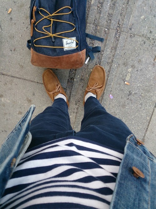 adudecalledandre:  Brown&Blue Clarks - wallabees Dsquared2 - highwater chinos Comme des Garcons PLAY - striped sweater Edwin - denim jacket 