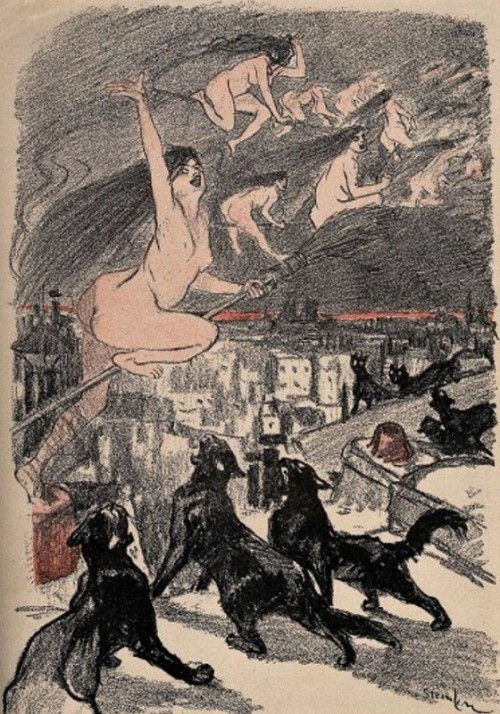 enchantedbook: “Black cats howl as naked witches ascend into the night over the city” Lithograph by