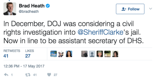 mediamattersforamerica:Trump just tapped Fox favorite David Clarke for a federal position in the Dept. of Homeland Security. Meanwhile, people are dying in his jails and he’s nowhere to be found.