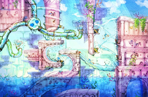Concept art of Sonic the Hedgehog rolling, running, and jumping through a series of tubes, waterslides, and jets in Lagoon City Zone. Despite many similarities, it has no relation to that one zone in Sonic 3 that shall not be named.