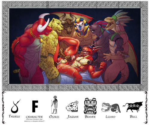 homodracofilo:  Zodiac orgies - by  nexus (* * * * * * *) (I post it at last) (contains straight content… but it’s one of those symbolic exceptions :P) 