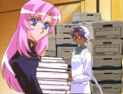Utena and Anthy in front of a bunch of photoshopped suspicious looking boxes that may or may not contain government documents and classified information