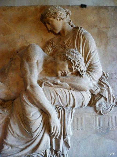 robcalfee:la-femme-terrible:The sleep of Orestes. bas-relief in plaster. Justin Chrysostome Sanson. 