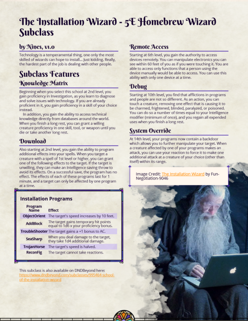 homebrew-a-la-traumaverse:The Installation Wizard - 5E Homebrew Wizard Subclass by NinesBehold the I