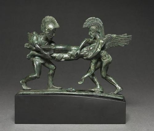 riley-the-redd:Sleep and Death carrying the body of Sarpedon from the battlefield. Etruscan, ca 400-