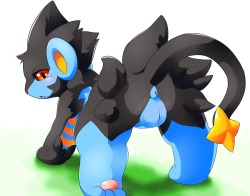 doyourpokemon:  Luxray getting worked over by a male Flareon—first in her pussy and then up the ass. 