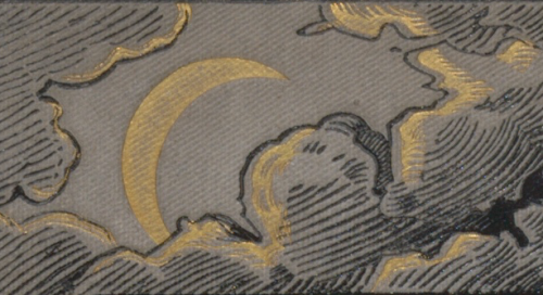 nemfrog:A break in the clouds reveals a crescent moon. Astronomische Bilder. 1881. Book cover, detai