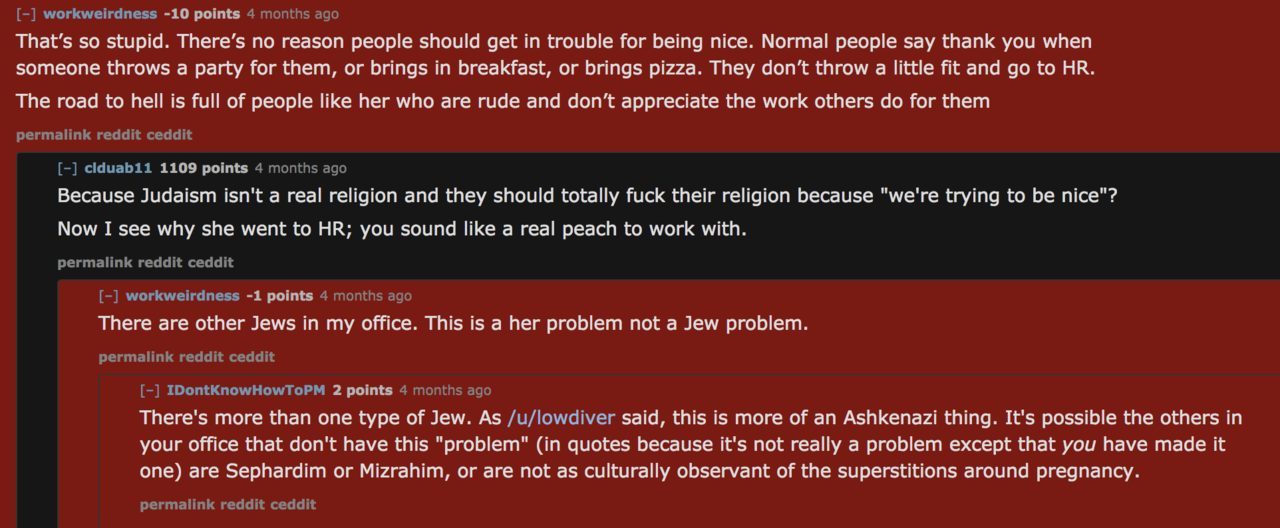 terefah:observant pregnant jewish woman goes to r/legaladvice because her coworker
