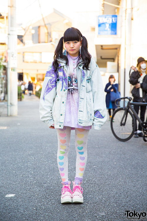 19-year-old Pachiko on the street in Harajuku wearing a Nadia cat tee, heart tights from Kinji, a Bu