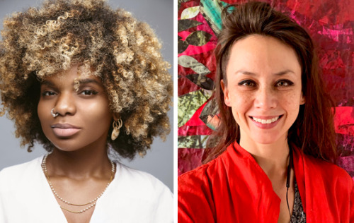 Image: side-by-side photos of Destinie Adelakun and Sara Jimenez. Adelakun wears her hair in an Afro with blonde highlights and wears a nose ring, earrings, and a necklace as well as a cream-colored v-neck top. Jimenez has long dark hair that is slightly shaved at the sides. She wears a bright red jacket and is pictured against a brightly colored mostly red background.Both are looking directly at the viewer and smiling confidently.