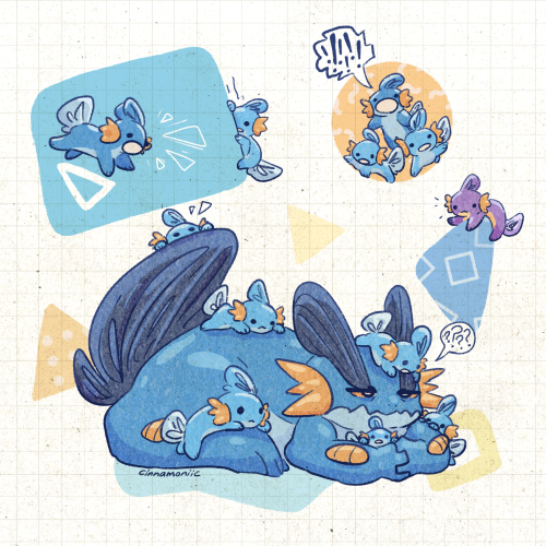 cinnamoniic:i herd u liek mudkipz :D[ID: a picture of a dozen Mudkips — small, blue amphibious