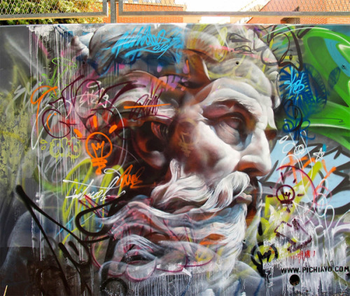 zeroing:  Since first collaborating in 2007, Spanish street art duo Pichi & Avo have created an intriguing blend of traditional graffiti and renderings of mythological figures influenced by ancient Greek sculpture. The precision, shading, and use