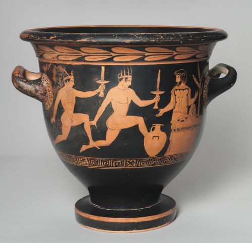 archaicwonder:  Greek Red-Figure Bell Krater: Torch Race with Prize Hydria, 430-420 BCAttributed to the manner of the Peleus Painter, Gela (Sicily). Side A: Torch race: two runners with torches, altar, olive tree, prize hydria (water jar).Side B: Three