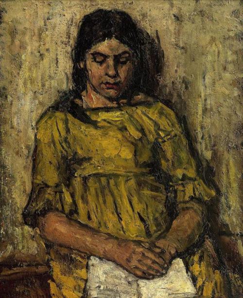 A girl in a yellow dress, reading    -    Suze RobertsonDutch,1855-1922Oil on canvas, 56 x 45,5 cm.