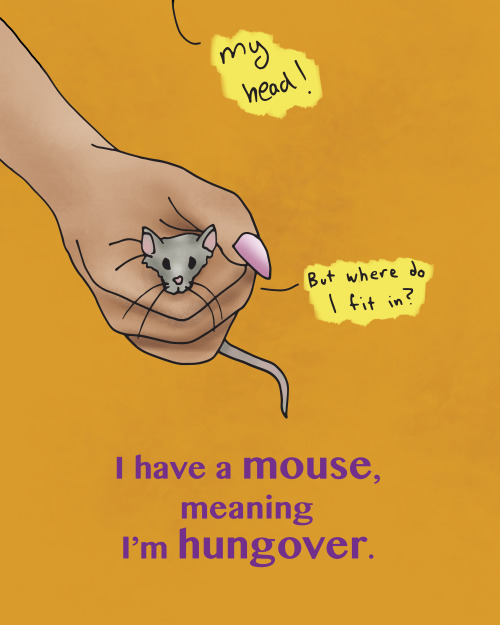 venezuelansayings:Tengo ratón.Translation: I have a mouse, meaning I’m hungover.Example: Ugh I shoul