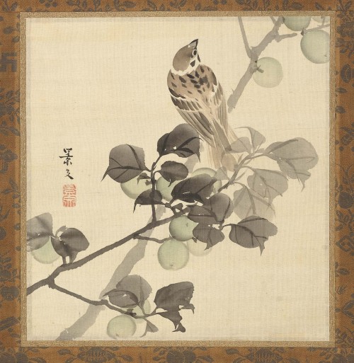 heaveninawildflower: ‘Sparrow on a Plum Tree’ (19th century). Silk painting by Matsumura