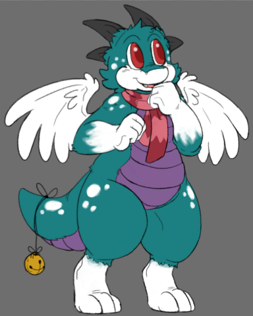 flat colors for dragon buddy  not sure about his scarf color, might change the shade of reds. IDK….  gotta figure out how to shade this now. bloop