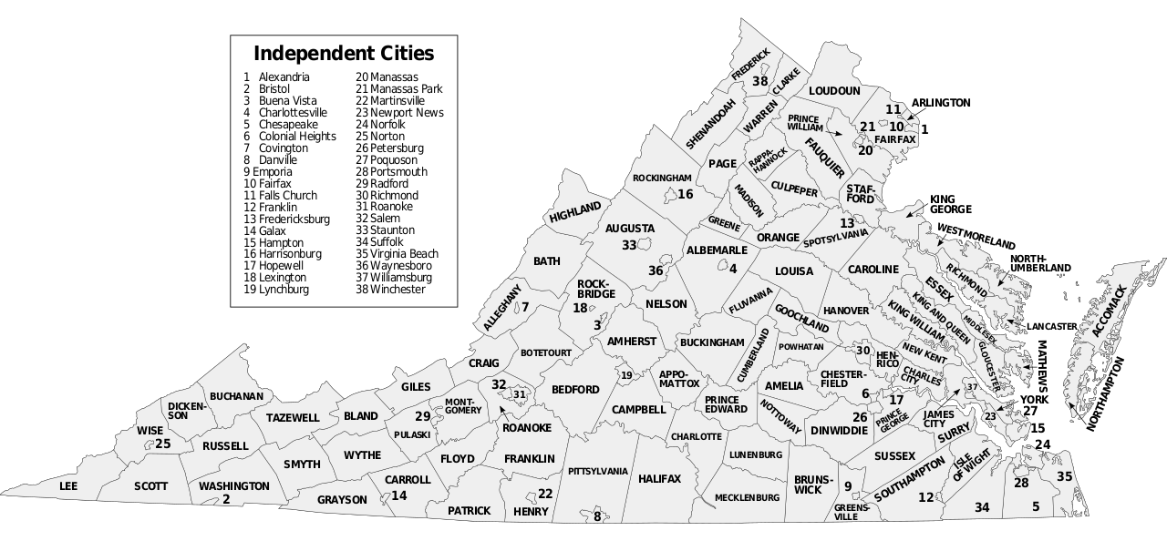 Under Virginia law, any community that incorporates as a city has to secede from the county it’s in. As a result, 38 out of 41 independent cities in America are located in Virginia (the 3 exceptions are Baltimore, St Louis, and Carson City, NV).