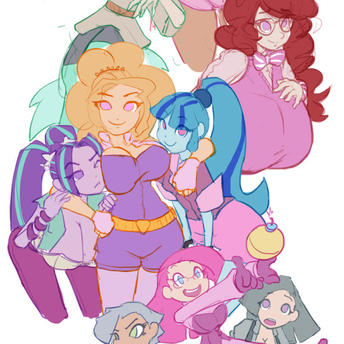 moronsonofboron: Full size here Character scroll of various cute and busty girls I want to draw more of this year. From top to bottom: Sunny and Dulce, Marzipan, Kagami, Hope, Twist, the Dazzlings, Pinkamena and her sisters, and Teagan. 