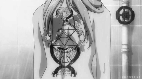 hawkeyedriza:     Based off of this post that points out the similarities between the door in Roy’s portal of truth and the flame alchemy tattoo on Riza’s back. Royai is totally canon: [part 16/∞]     Riza’s back (1)  