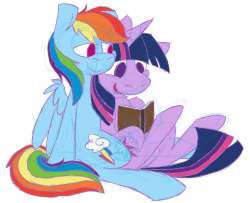 twidashlove:  desidrawsponys:  Back to your regularly scheduled cutefest.  Rainbow Dash sure makes a comfortable backrest. She’s so feathery.  &lt;333