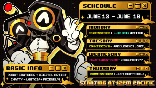 Stream Schedule 6-13 to 6-16New stream schedule is now up!! I wanna dive back into animation this we