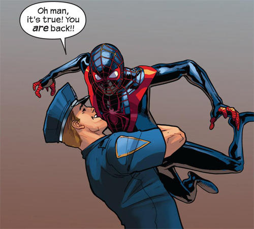 tedtheodorelogan:  cyborgcap:  Cataclysm: Ultimate Spider-Man #28  If you’re not familiar with Ultimate Marve, that’s Miles Morales as Spider-Man instead of Peter Parker. This is him without the costume:  Kinda puts that interaction in a different