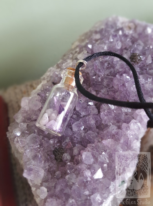 foxglenstudio:Crystal jar necklaces are 25% off all June!  Amethyst, rose quartz, hematite, mookaite