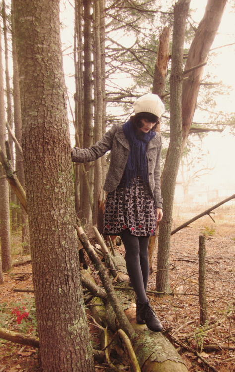 pantyhoseparty: Grey wool tights with geometric patterned dress, grey tweed jacket, blue neck scarf 