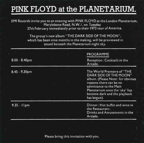 more-relics:1973 / The Dark Side Of The Moon press premiere invitation at the London Planetarium.