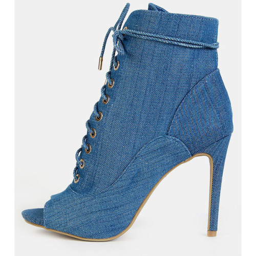 Jean Peep Toe Stiletto Ankle Booties BLUE DENIM ❤ liked on Polyvore (see more lace up heel booties)