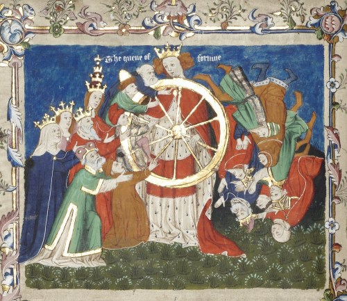 The Queen of Fortune wields the wheel of fortune, while two male figures (Holy Text and Scripture) a