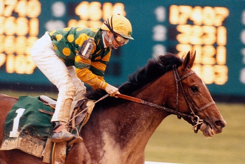 “Summer Squall wins the 1990 Jim Beam Stakes at Turfway Park with Pat Day aboard.Skip Dickstein Phot