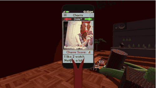 alpha-beta-gamer:  Snakedate is a ridiculous dating simulator made for the Ludum Dare 34, in which you play a snake who finds love in a nightclub by wrapping your body around horse-people and using a Tinder-style app. Play Snakebite, Free (Windows)  