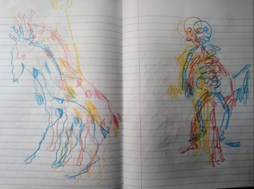 thenearsightedmonkey: Drawing with our eyes closed, one minute for each color, starting with yellow,