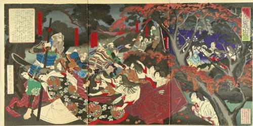 Kato Kiyomasa protecting Toyotomi Hideyoshi while taking refuge to Momoyama after earthquake of Fush