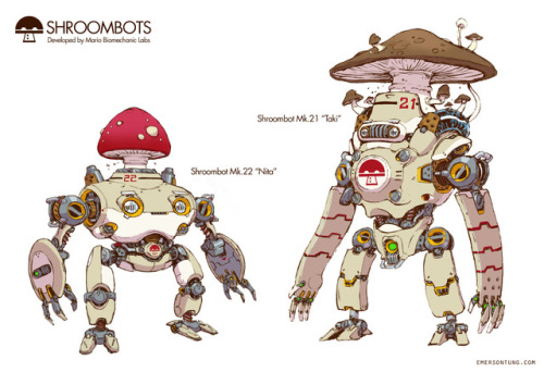emersontung:   Shroombots - Mk.21 & Mk.22 Shroombots are eco-friendly automaton powered by chemical reactions of fungi spores. While the fungi that grow on these shroombots are used mainly to power the robot itself, they could also be harvested for