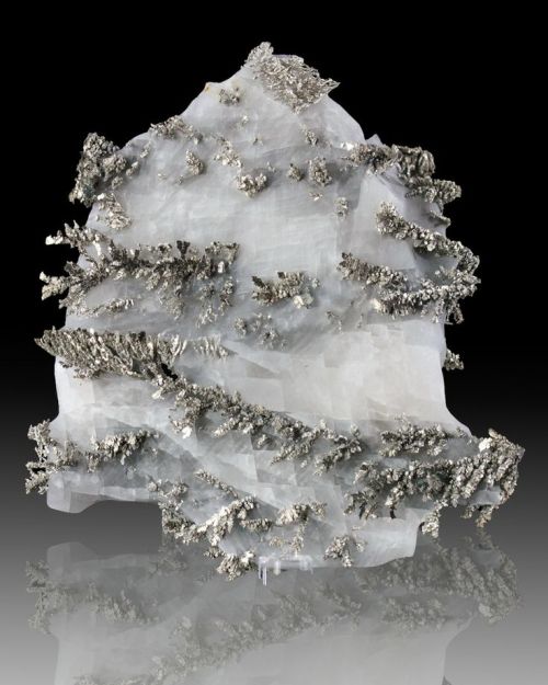 mineralists:
“Shiny silver Dyscrasite crystals with Allergentum in Calcite from Morocco
”