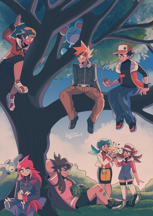  prompts climbing a tree + leaf napping underneath + silver snuggling pkmn + johto trainer taking ca